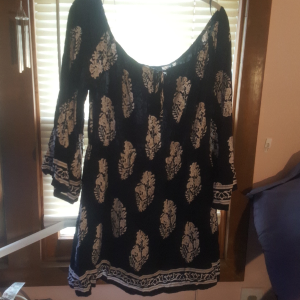 Off Shoulder Boho Long Sleeve Mini Dress Navy
